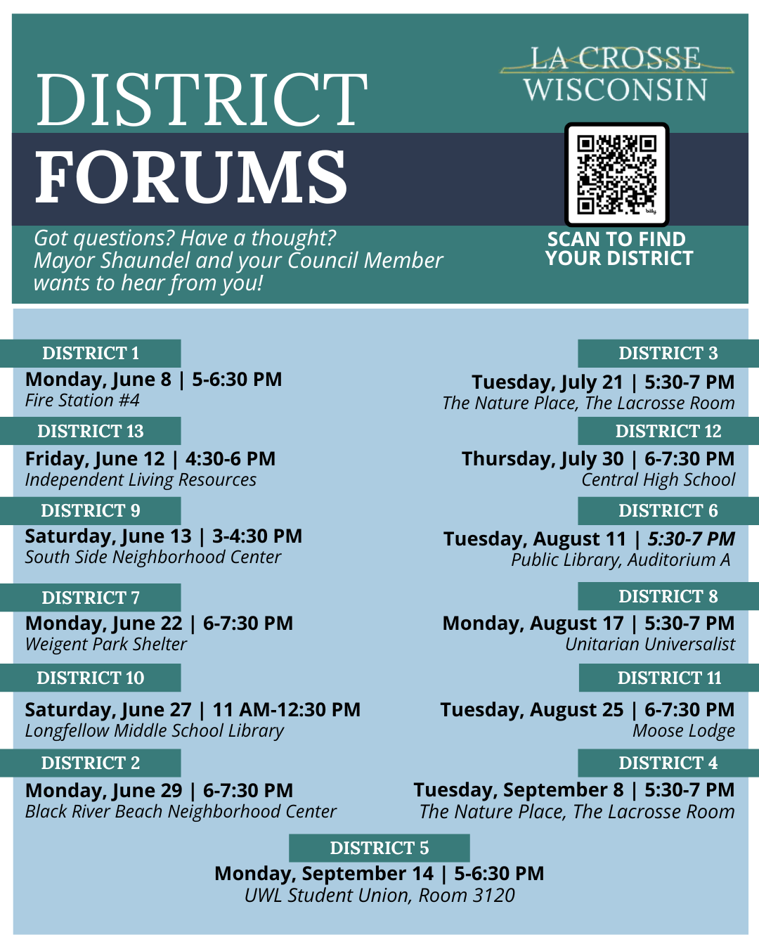 full district forum schedule from June 8 to September 14