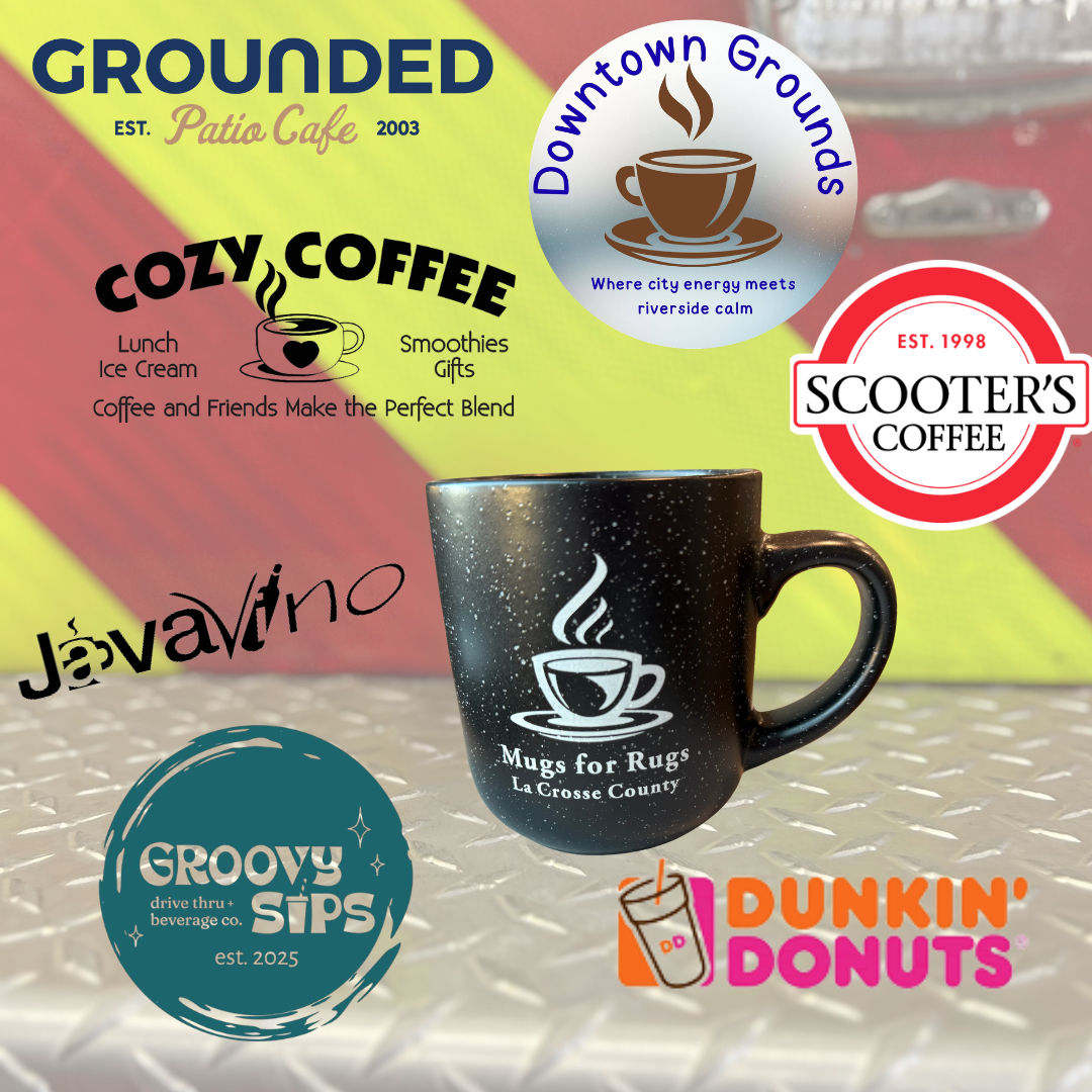 A collage of coffee shop logos and a coffee mug, including Grounded Patio Cafe, Cozy Coffee, Downtown Grounds, Scooter's Coffee, Javavino, Groovy Sips, Mugs for Rugs, and Dunkin' Donuts.