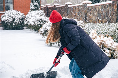 A person in a red hat and black coat shovels snow in front of a stone wall and snow-covered bushes.