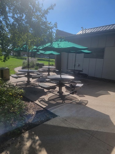 Several outdoor picnic tables with green umbrellas are set up on a paved area next to a grassy lawn and a building.