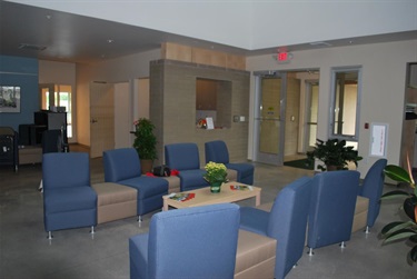 A waiting area with blue upholstered chairs and tan seat cushions arranged around a light wood coffee table with magazines and a potted plant. There are glass doors with an exit sign above them, and a window on the right wall. A tall potted plant is to the left of the doors.