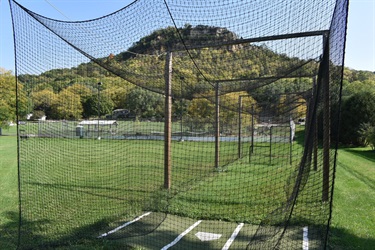 A baseball batting cage with a home plate marker on artificial turf, set against a backdrop of a tree-covered hill under a clear blue sky.