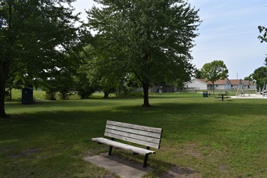 A wooden park bench sits in the foreground of a grassy park with trees and a playground in the background.