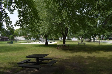 A park scene with picnic tables in the foreground and a playground in the background under the shade of trees.