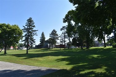 A sunny day in a park with a large grassy area, trees, and some buildings in the background.