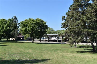 A wide shot of a park with a large grassy area in the foreground and a covered picnic shelter with tables in the background, surrounded by trees under a clear blue sky.