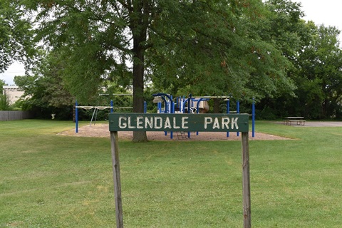 A park basketball court with a hoop and a picnic table surrounded by green grass and trees.