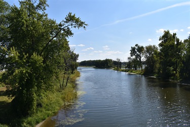 A view of a calm body of water surrounded by lush green trees and vegetation, with a brown railing in the foreground.