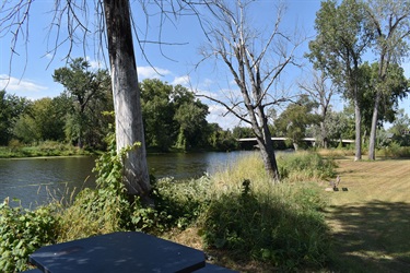 A calm river flows past a grassy bank with trees and a bridge in the distance under a blue sky with scattered clouds.