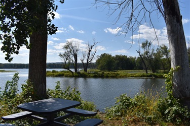 A picnic table in the foreground overlooks a calm body of water with trees and a blue sky with clouds in the background.