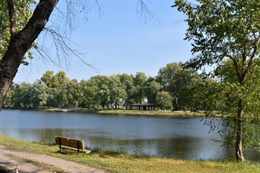 A calm river with trees on the opposite bank. A park bench sits on the grassy shore in the foreground.