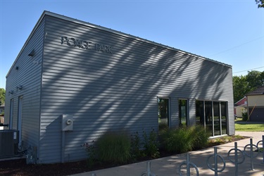 A modern gray building with 