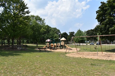 A playground with swings and climbing structures is set in a grassy park with trees and a picnic table.