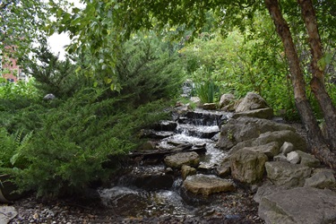 A small waterfall cascades over rocks in a lush garden with green foliage and trees.