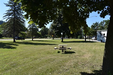 A picnic table sits on a grassy lawn with trees and an RV in the background on a sunny day.
