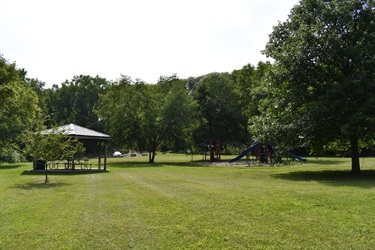 A grassy park area with a covered picnic shelter on the left and a playground with blue slides on the right, surrounded by trees.