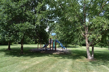 A colorful playground with slides and swings is nestled among lush green trees on a sunny day.