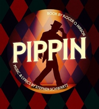 The title 'Pippin' is displayed in large, light-colored letters against a dark background with a harlequin pattern. A silhouette of a person in a top hat and tails is visible behind the text, illuminated by a spotlight. Text above the silhouette reads 'Book by Roger O. Hirson,' and text below reads 'Music & Lyrics by Stephen Schwartz.'