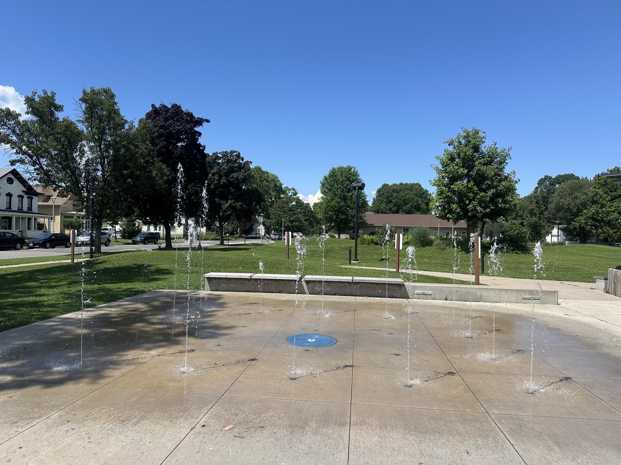 splash pad with water spraying from ground