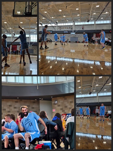 A collage of images showing a basketball game. One image shows players in light blue uniforms on the court, another shows a player with a beard making a peace sign while sitting on a chair, and another shows players on the court during a game.