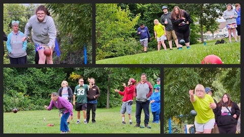 A collage of images showing people playing a lawn game similar to bocce ball. Some are throwing balls, while others watch. The setting is a grassy outdoor area with trees.