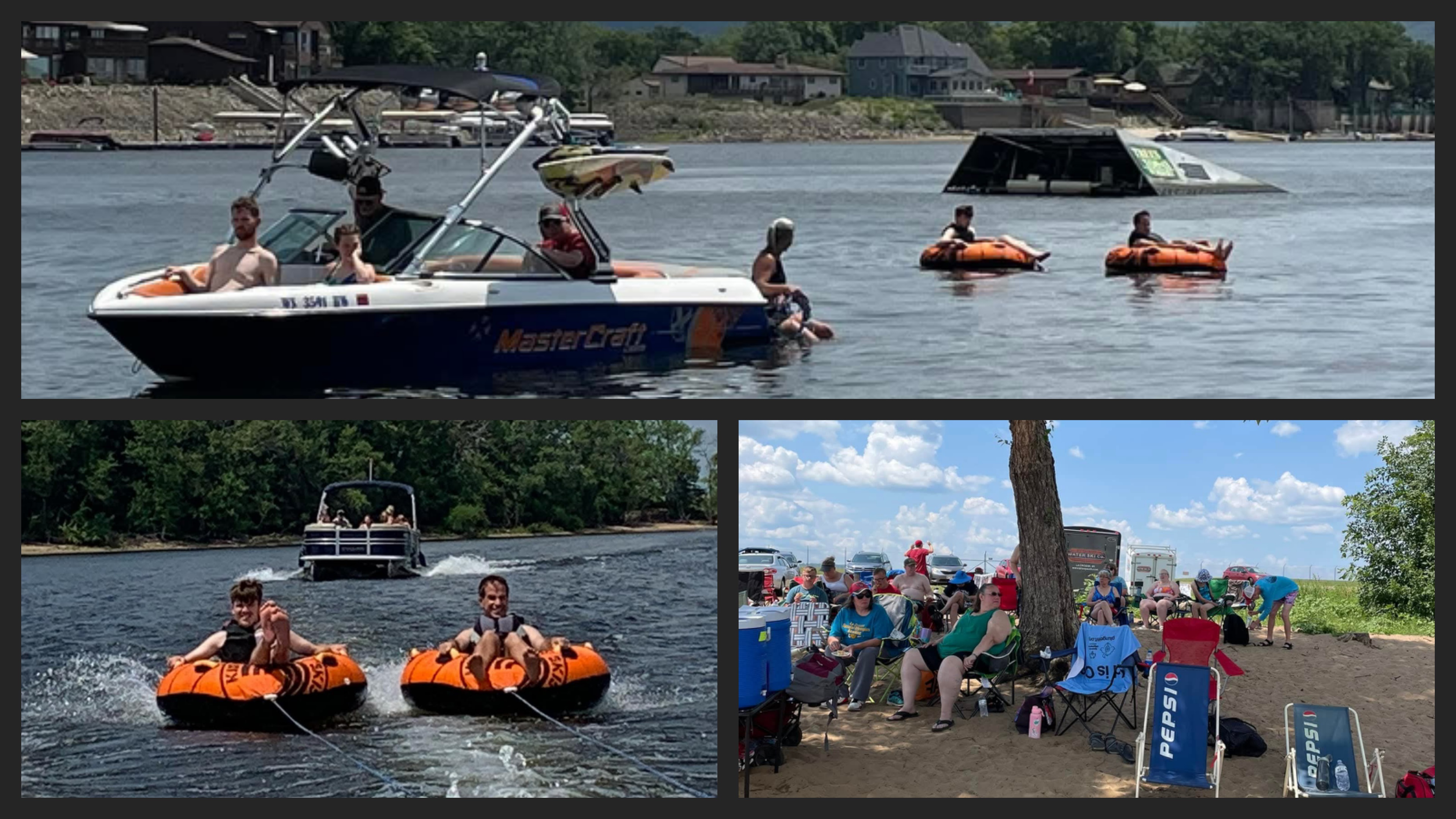 A collage of three images showing people enjoying water activities and relaxing on the shore. The top image shows people on a MasterCraft boat. The bottom left image shows people tubing behind a boat. The bottom right image shows people sitting in chairs on a sandy beach.