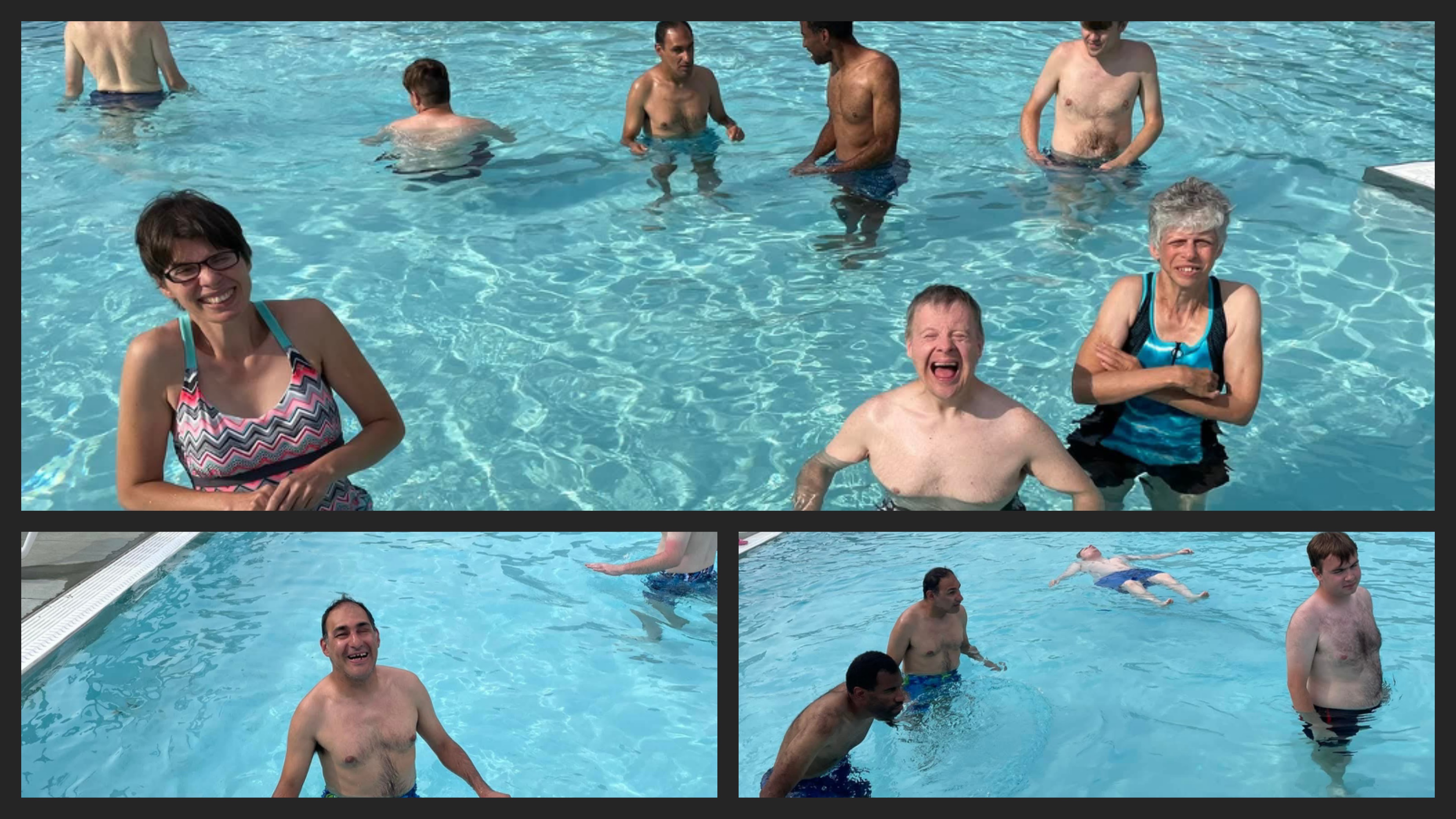 A collage of people enjoying a swimming pool on a sunny day. The top section shows several individuals, including a woman in a patterned swimsuit smiling at the camera. The bottom section is split into three smaller images, featuring more people interacting in the water, one person floating on their back.