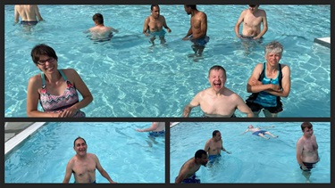 A collage of people enjoying a swimming pool on a sunny day. The top section shows several individuals, including a woman in a patterned swimsuit smiling at the camera. The bottom section is split into three smaller images, featuring more people interacting in the water, one person floating on their back.