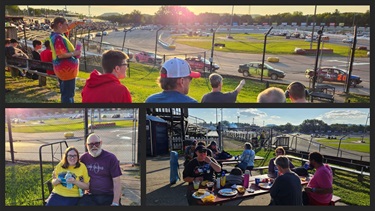 A collage of images showing people watching a car race at a stadium. The images show spectators in the stands, people seated at picnic tables, and race cars on the track. The sun is setting, casting a warm glow over the scene.