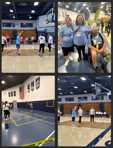 Four panels show people playing and watching basketball games, with some participants in wheelchairs.