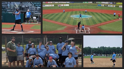 Collage of images showing people playing baseball and softball, with one image featuring a batter at home plate, another showing a game in progress on a baseball field, and a third showing a group of people posing for a photo.