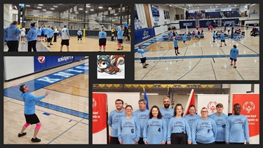 A collage of images showing individuals playing volleyball and posing for photos at a Special Olympics event.