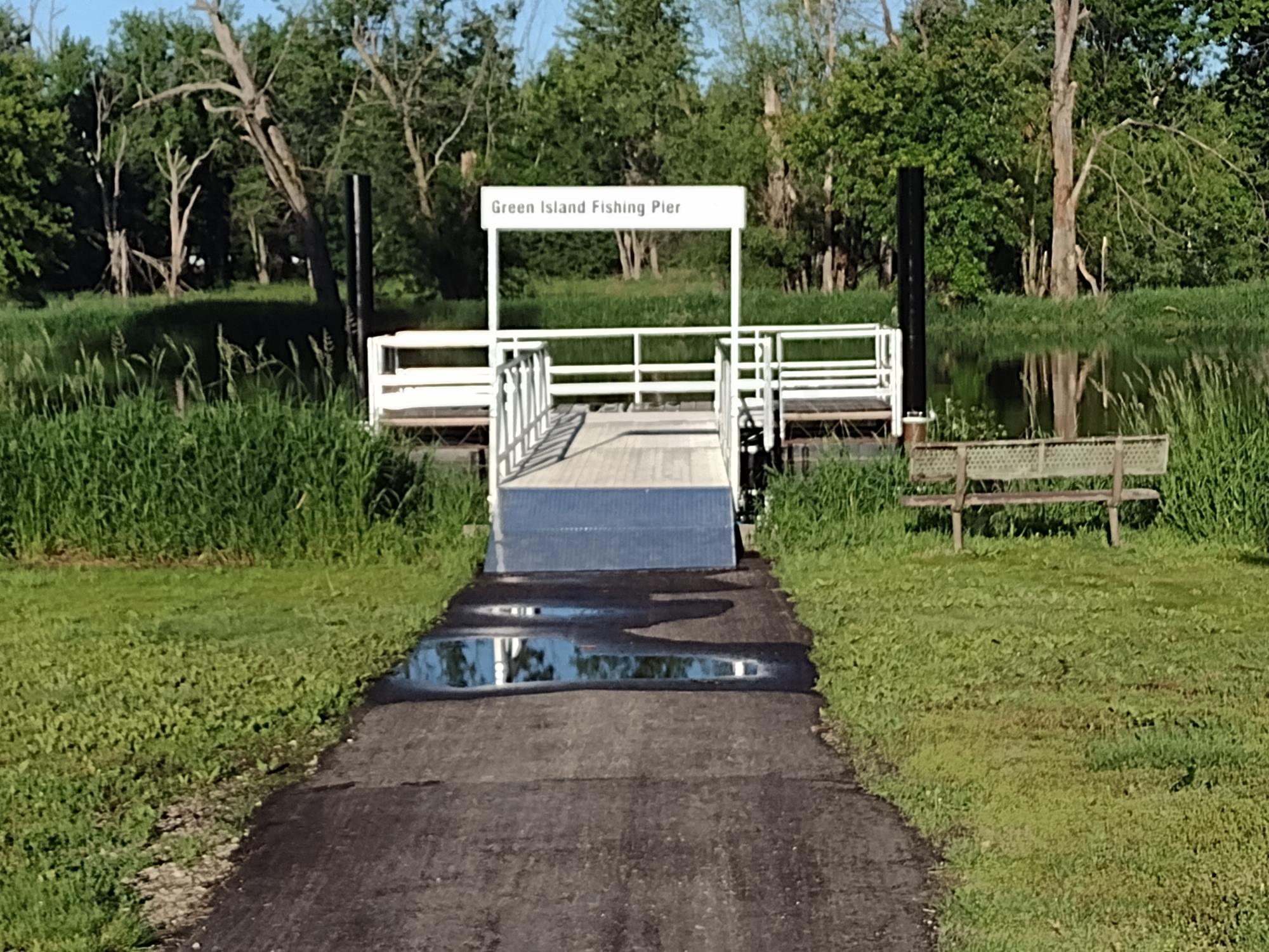 A paved path with puddles leads to the Green Island Fishing Pier, which has a ramp and railings. A wooden bench sits to the right of the pier among tall grass.