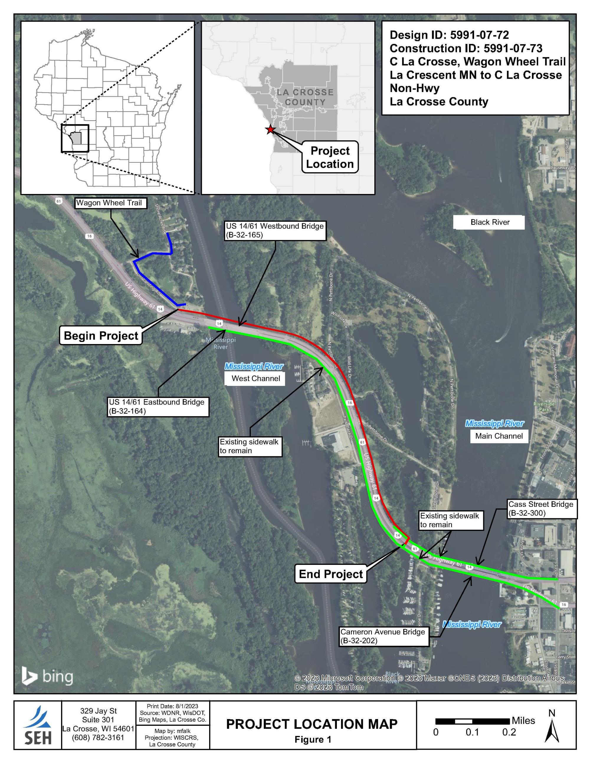 Map of the proposed Wagon Wheel trail connecting La Crescent, MN to La Crosse, WI