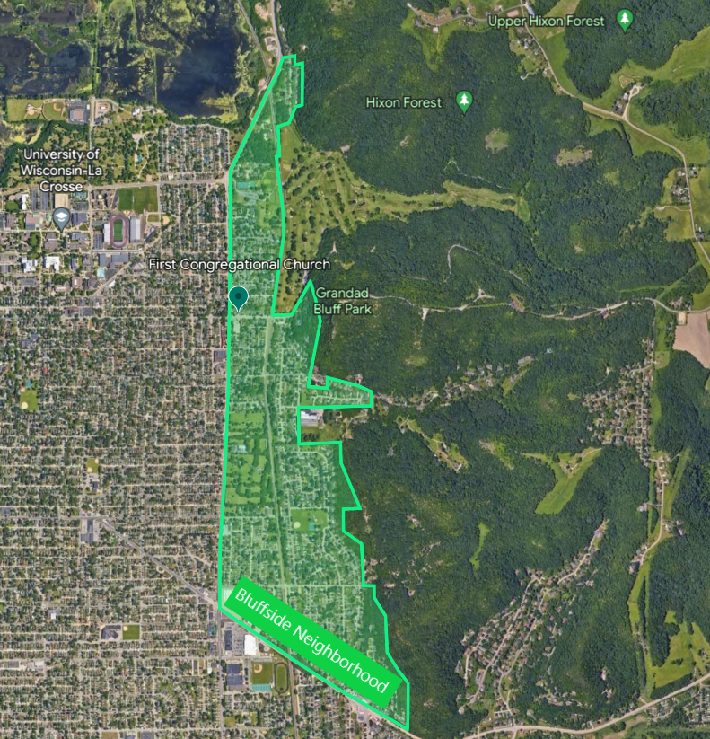 Map showing the boundaries of the Bluffside neighborhood