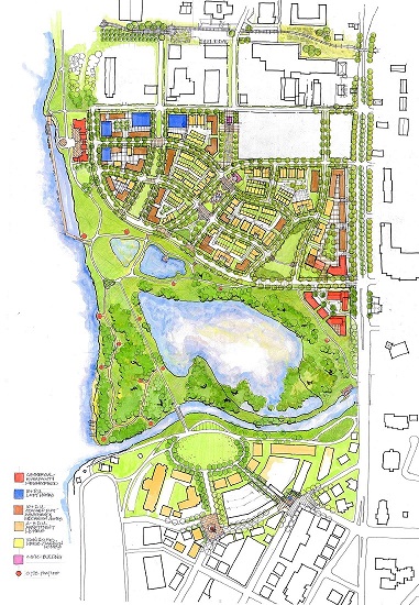 A watercolor architectural rendering of a master plan showing a waterfront park, a lake, a river, residential areas, commercial buildings, and city streets.
