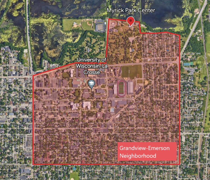 Map showing the boundaries of the Grandview-Emerson neighborhood