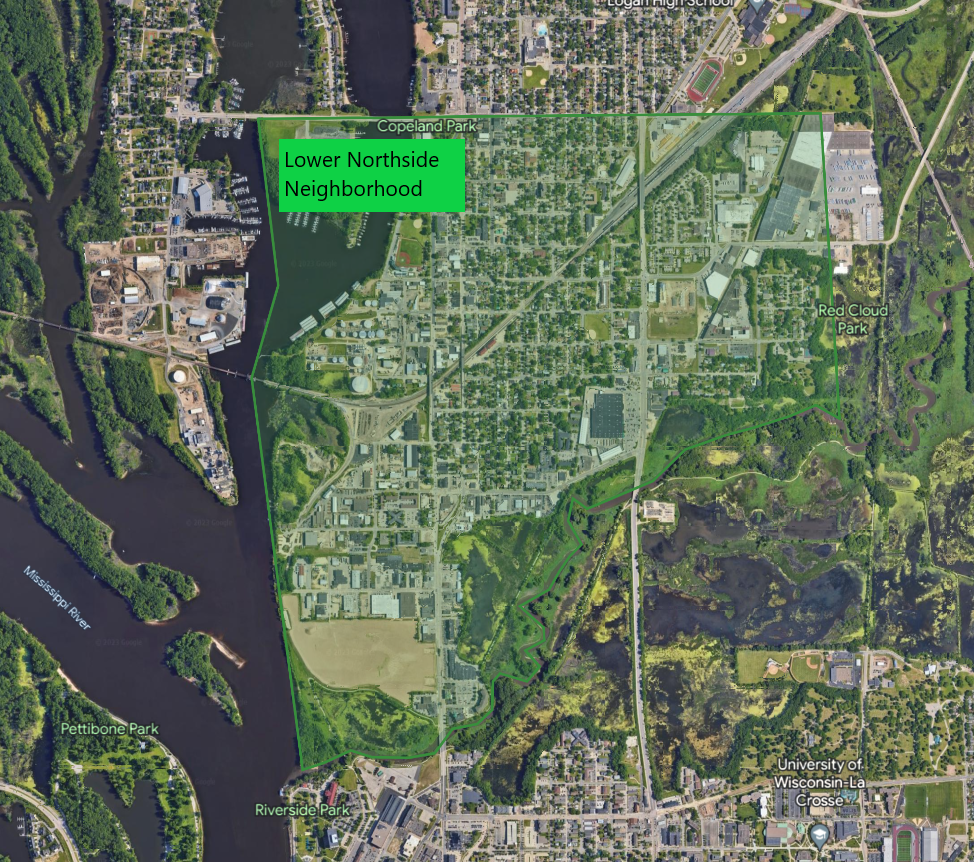 Map showing the boundaries of the Lower Northside and Depot neighborhood