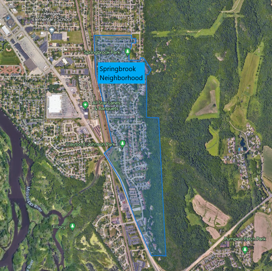 Map showing the boundaries of the Springbrook-Clayton Johnson neighborhood