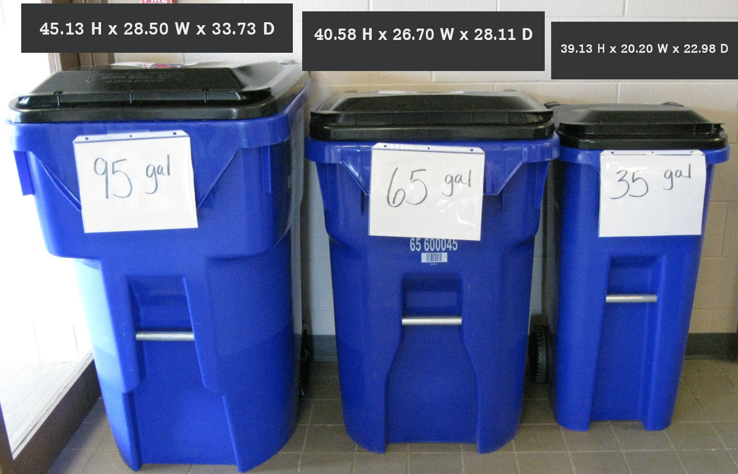 Dimensions and image of each size of cart offered for city-service, 95-gallon, 65-gallon, and 35-gallon.
