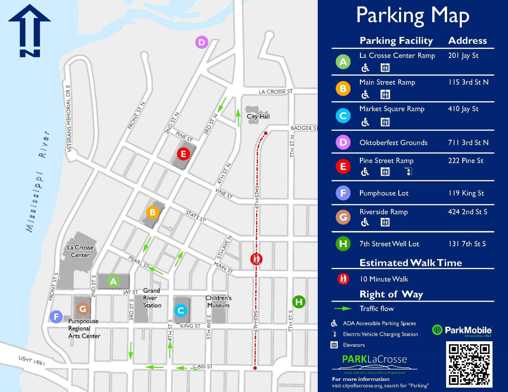 Map showing parking ramp and lot locations in downtown La Crosse