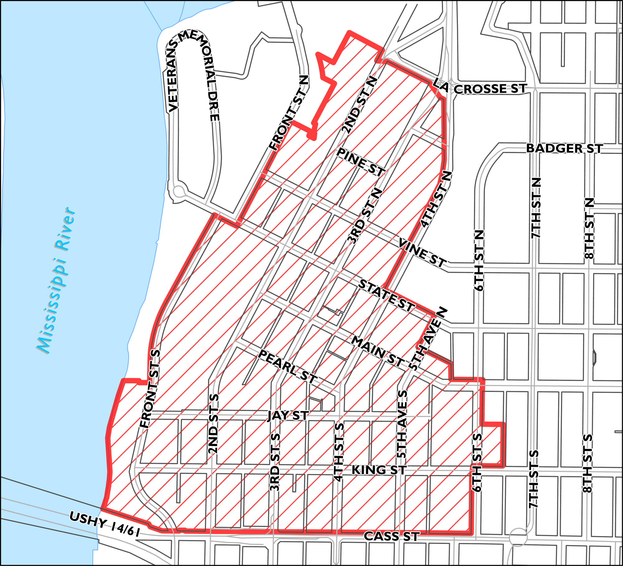 A map showing a section of the Mississippi River and a city grid with streets labeled. A red outline highlights the Downtown Parking District, encompassing streets such as Front St. S, Pearl St, Jay St, King St, and extending towards La Crosse St and Badger St.