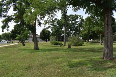 A park scene with mature trees, a grassy lawn, and a sidewalk with a car in the distance. A building is visible behind the trees.