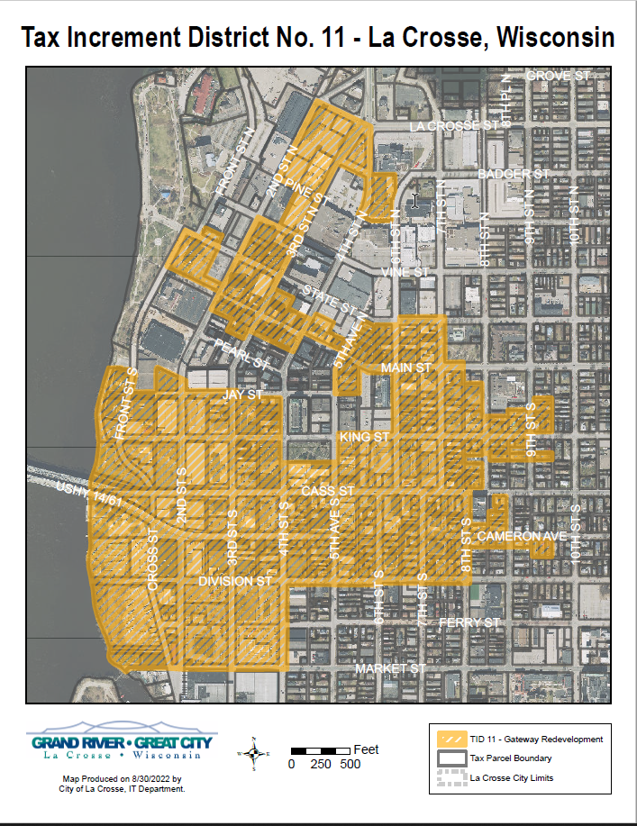 Map of Tax Increment District No. 11 in La Crosse, Wisconsin, showing the Gateway Redevelopment area outlined in orange with street names and city limits indicated. The map was produced by the City of La Crosse IT Department on 8/30/2022.