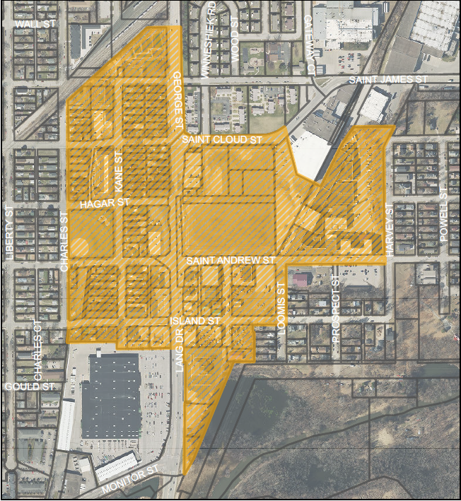 Aerial map showing a highlighted zone encompassing several streets including Saint Cloud St, Saint Andrew St, Hagar St, and Island St, with larger buildings and infrastructure visible on the periphery.
