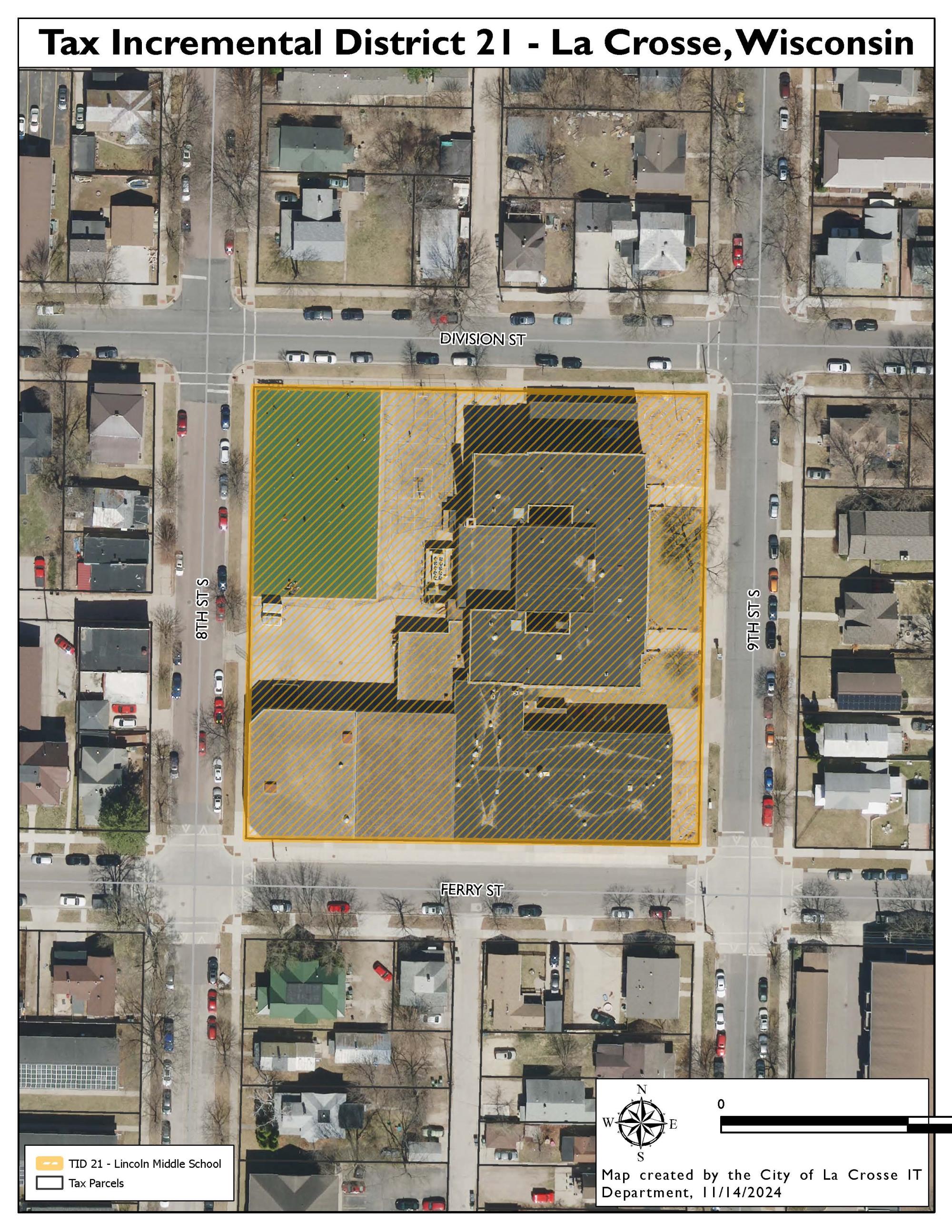 Aerial map of Tax Incremental District 21 in La Crosse, Wisconsin, showing Lincoln Middle School and surrounding streets and parcels. The map was created by the City of La Crosse IT Department on 11/14/2024.