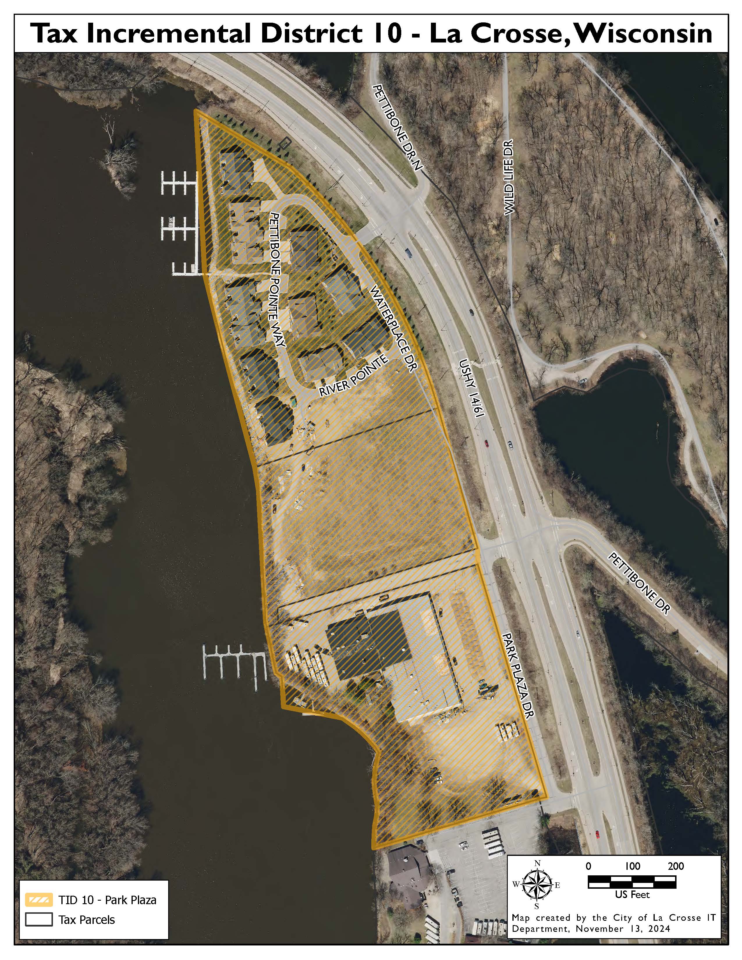 Aerial map of Tax Incremental District 10 in La Crosse, Wisconsin, showing waterways, roads, and developed areas with housing and industrial buildings.