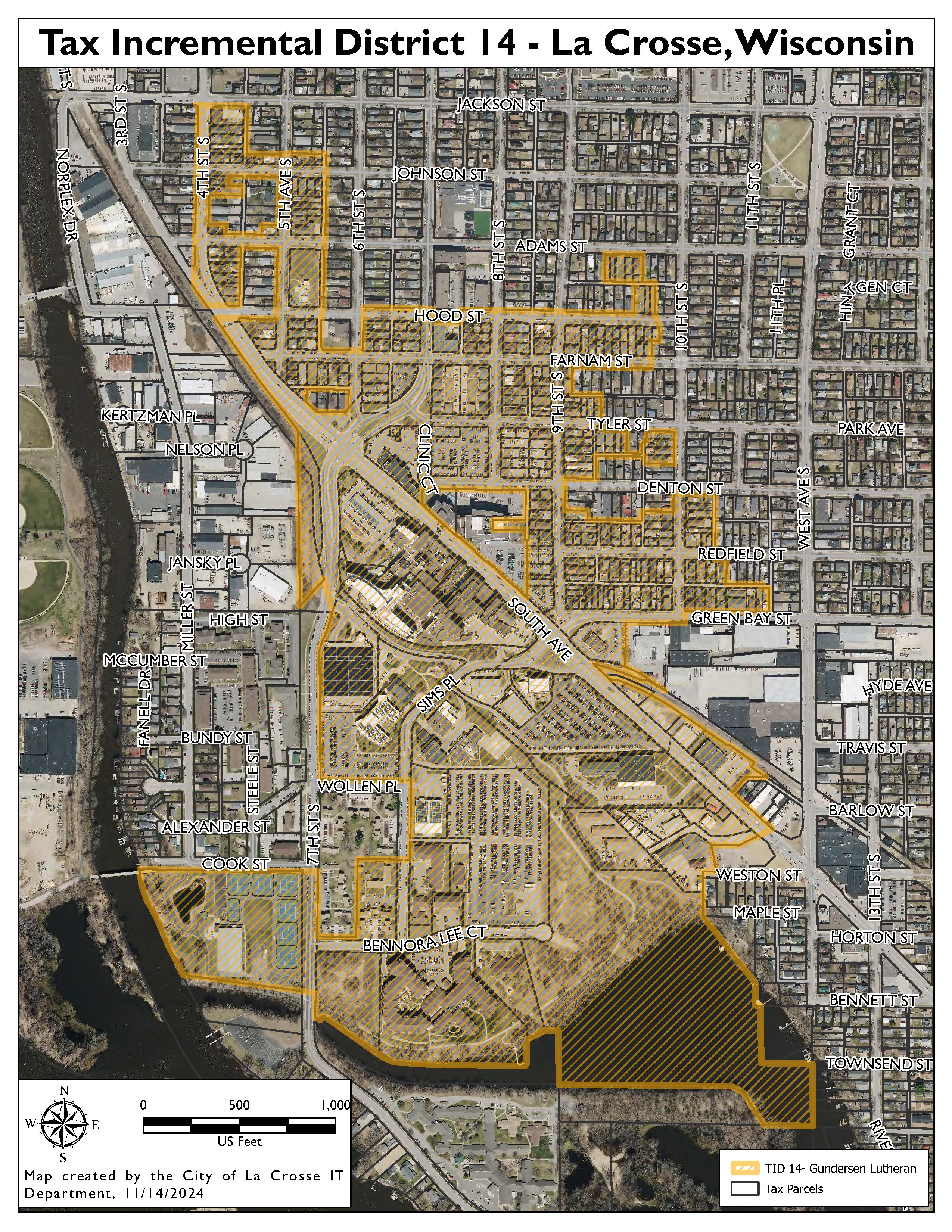 Map showing Tax Incremental District No. 14 in La Crosse, Wisconsin, with the TID 14-Gundersen Lutheran tax parcel boundary highlighted in yellow over an aerial view of the city.