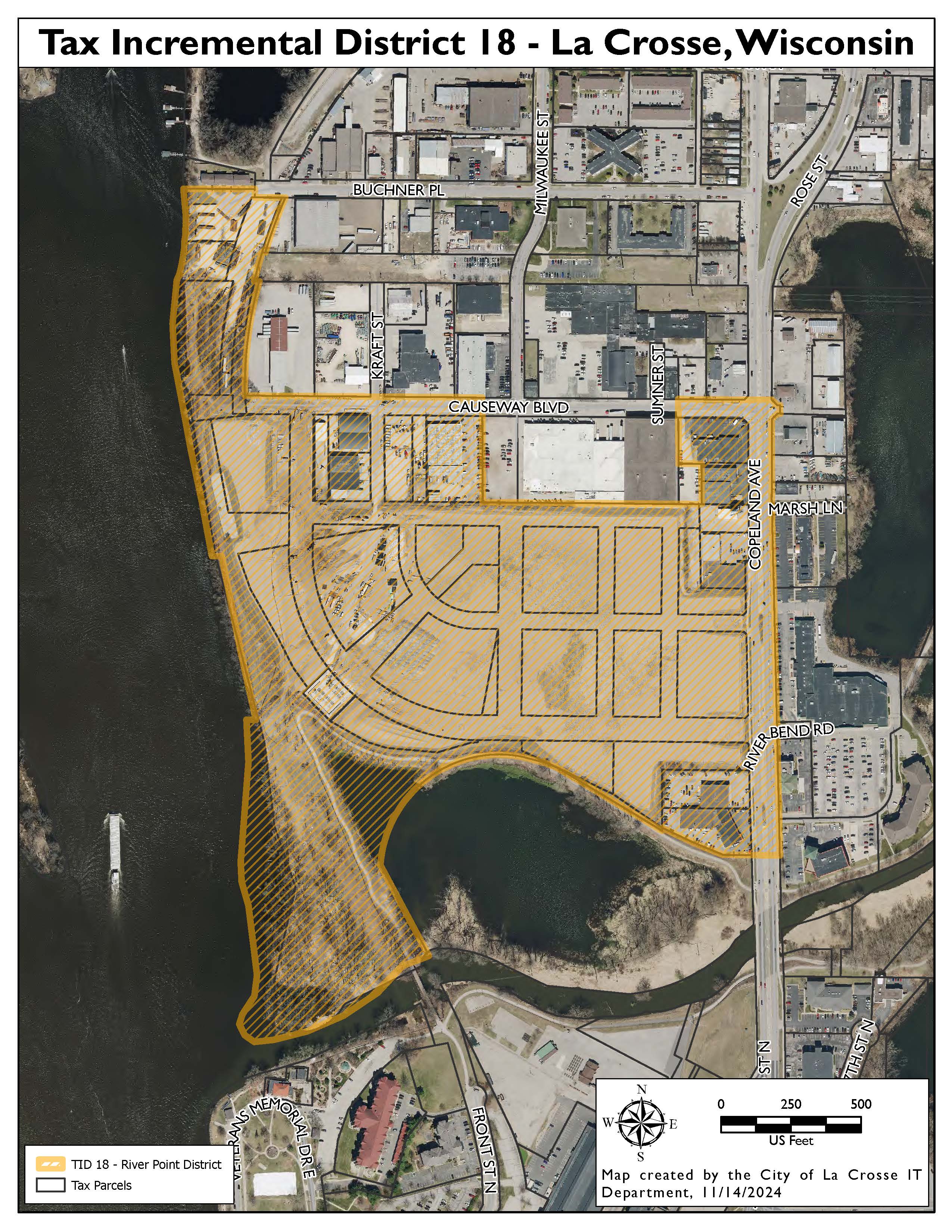 Map of Tax Incremental District 18 in La Crosse, Wisconsin, showing tax parcels and surrounding streets, with a body of water on the west side. The map was created by the City of La Crosse IT Department on 11/14/2024.
