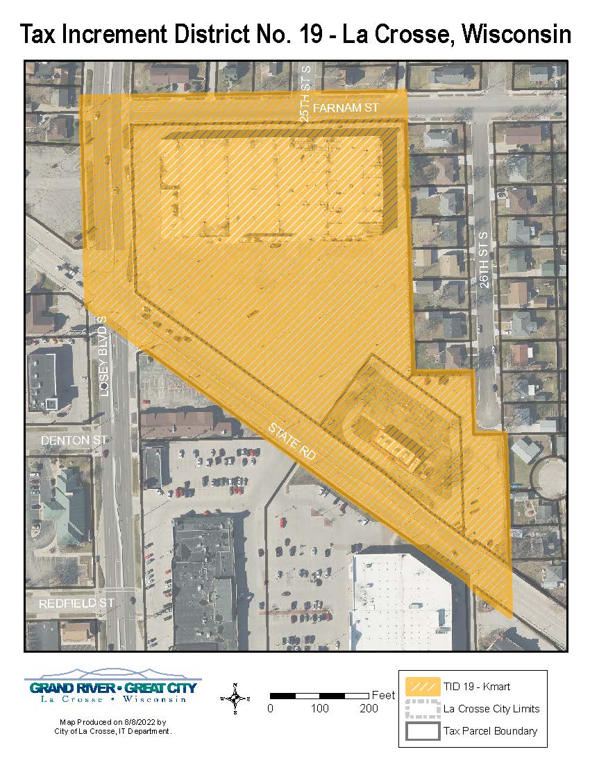 Map showing Tax Increment District No. 19 in La Crosse, Wisconsin, highlighting the area including Kmart and surrounding streets like Losey Blvd S, Denton St, Redfield St, State Rd, Farnam St, and 25th St S.
